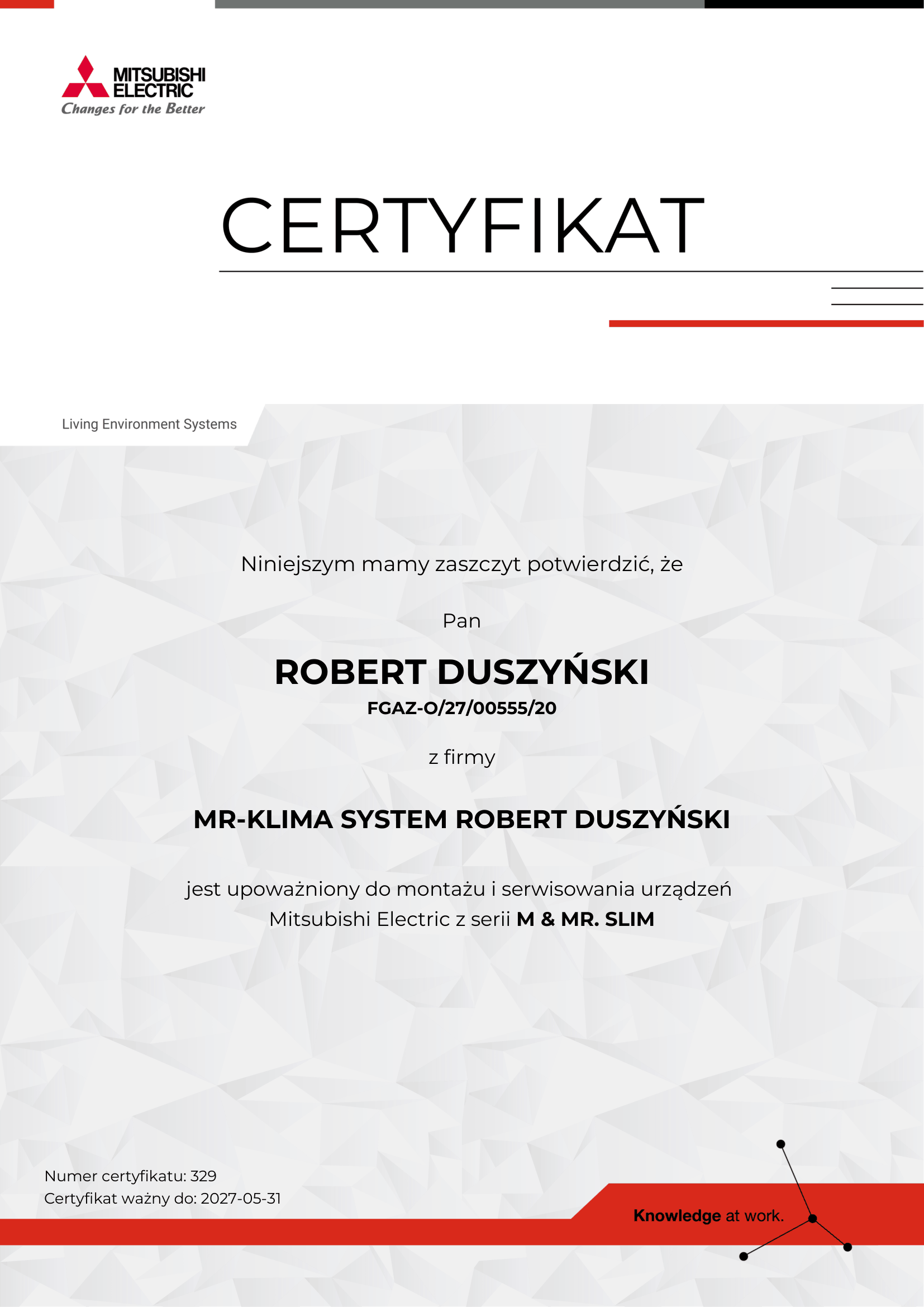 Certyfikat Mitsubishi Mr. Slim